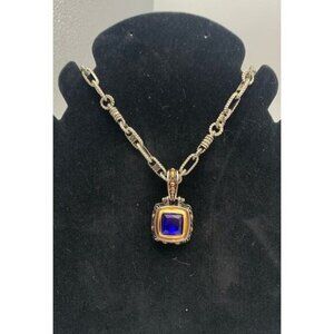 Premier Designs Blue Sapphire Pendant Silvertone 17" Necklace Costume Jewelry